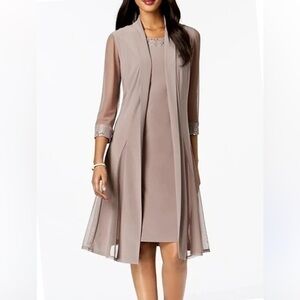 R&M Richard shift dress with embellished neckline and sheer open front jacket